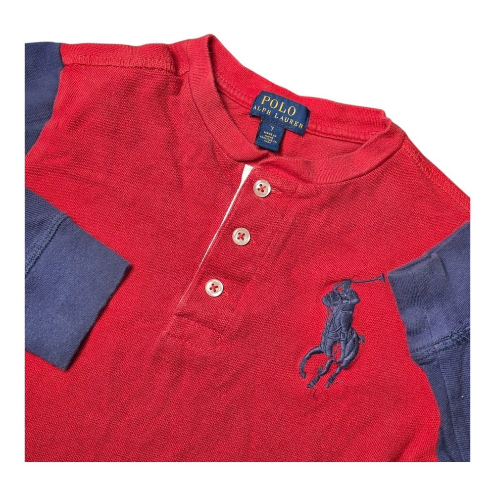 Polo Ralph Lauren Boys 7 Red Blue Big Pony Colorblock Long Sleeve Henley Shirt